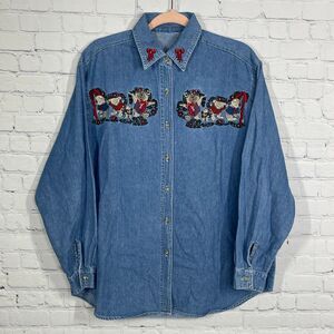 Christmas Shirt Women XL Blue Chambray Button Up Long Sleeve Embroidered Bear